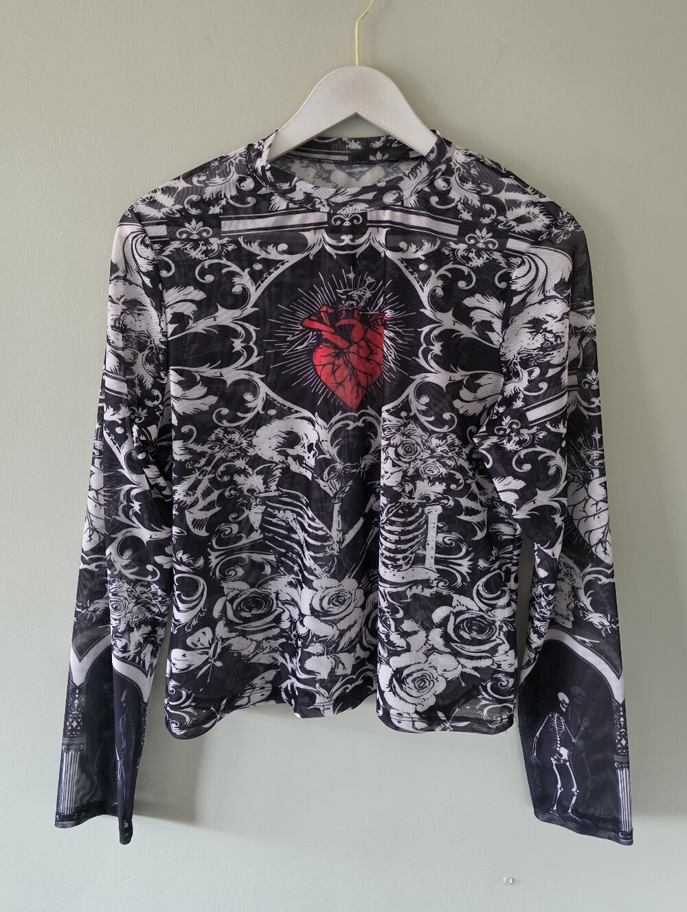 Y2K Indie Sleeze Whimsigoth Grunge Rave Skull Roses Bleeding Heart Mesh Top